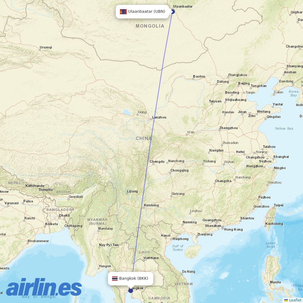 Miat - Mongolian Airlines from Suvarnabhumi Airport destination map
