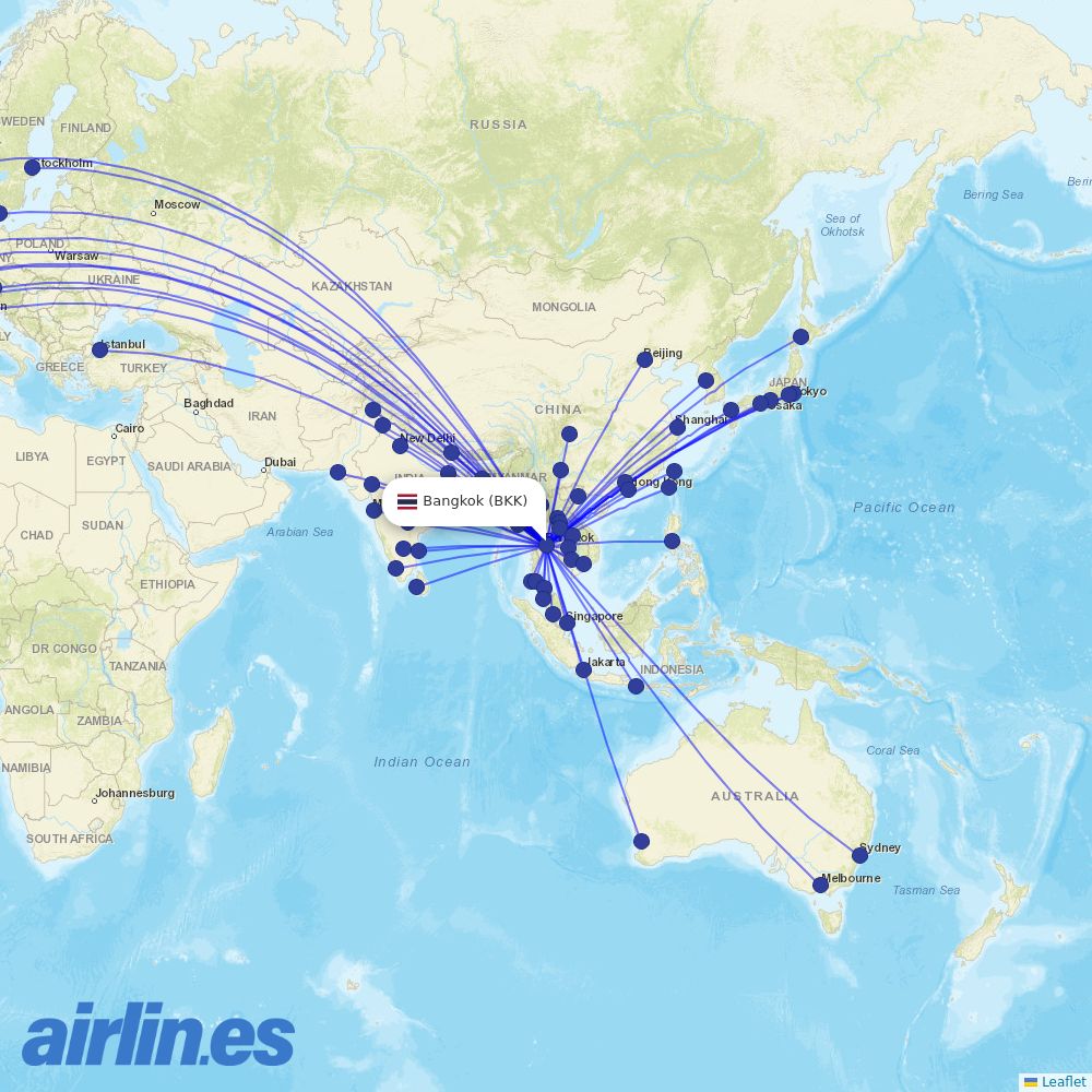 Thai Airways International from Suvarnabhumi Airport destination map