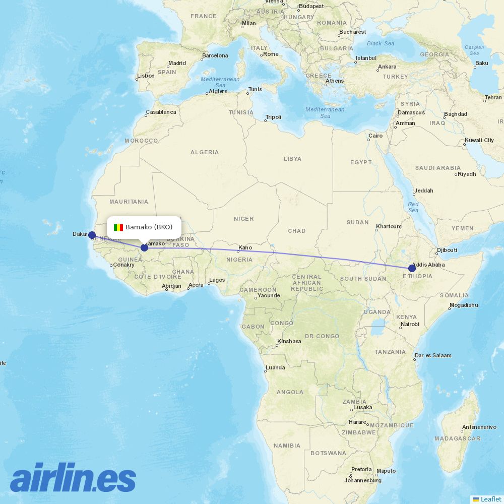 Ethiopian Airlines from Bamako Senou destination map