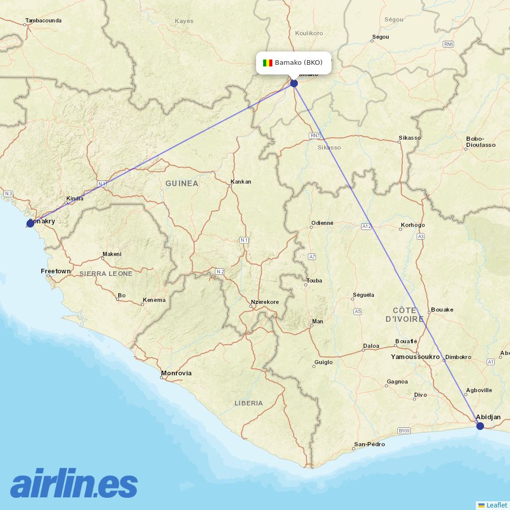 Air Cote DIvoire from Bamako Senou destination map