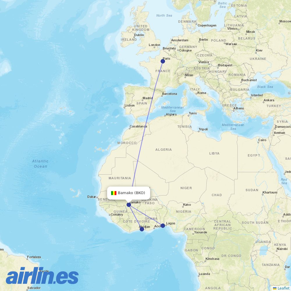 Corsair International from Bamako Senou destination map
