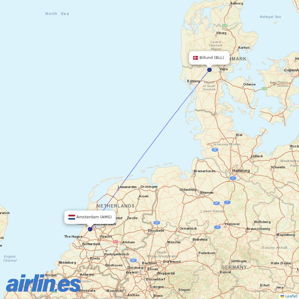 KLM from Billund Airport destination map