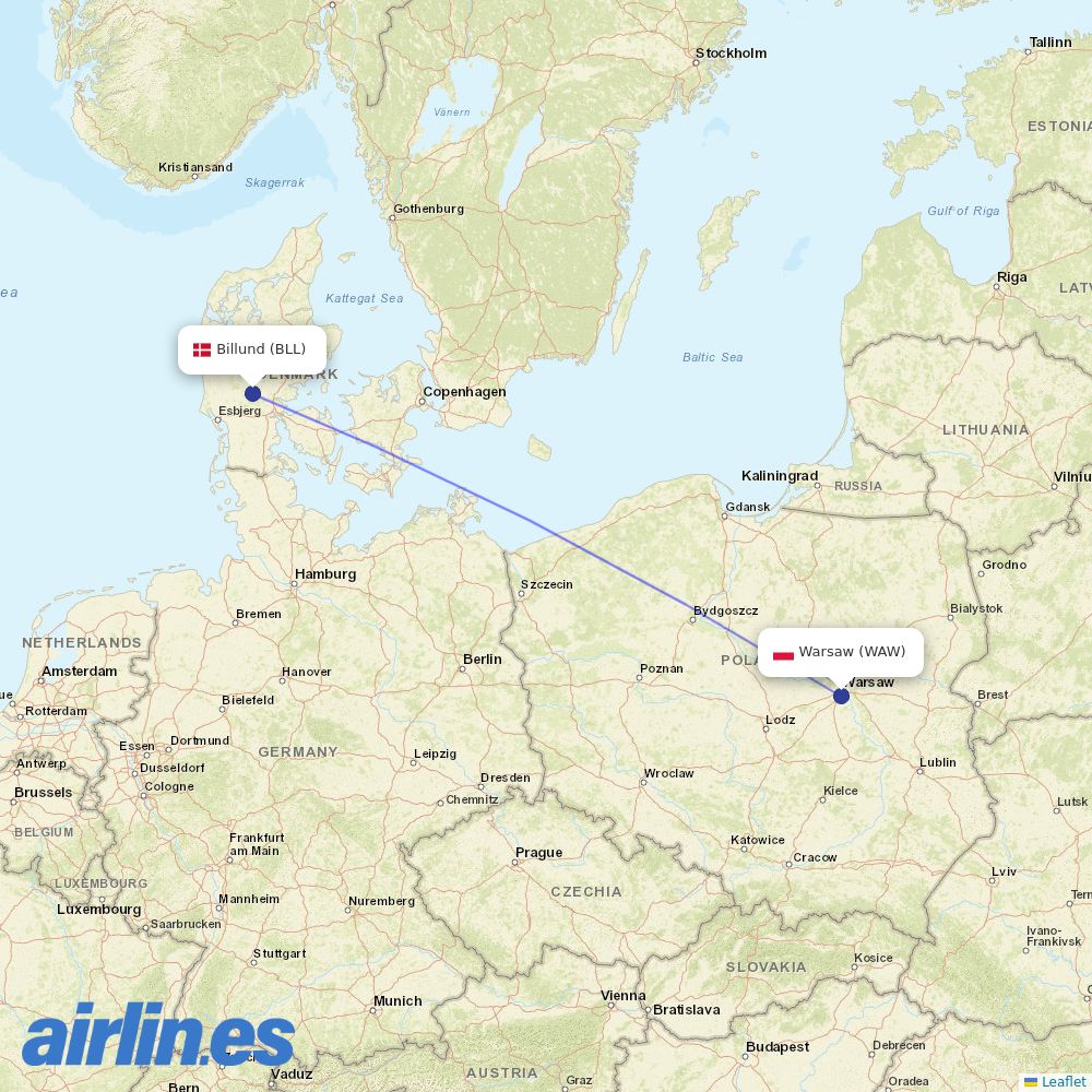 LOT - Polish Airlines from Billund Airport destination map