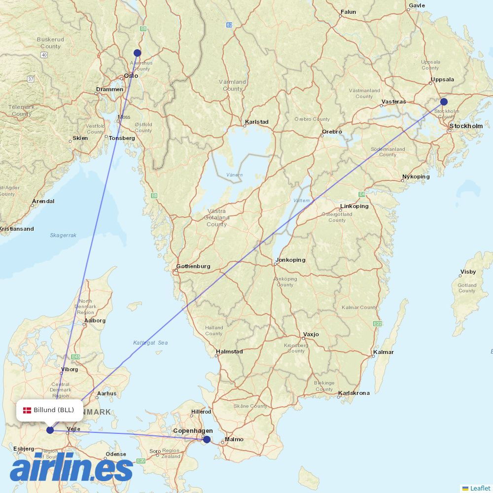 Scandinavian Airlines from Billund Airport destination map