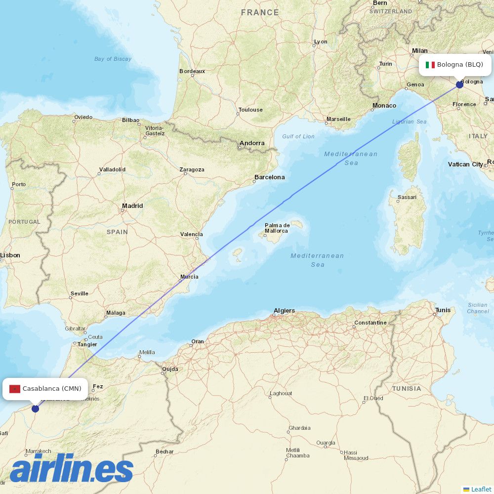 Air Arabia Maroc from Bologna Guglielmo Marconi Airport destination map