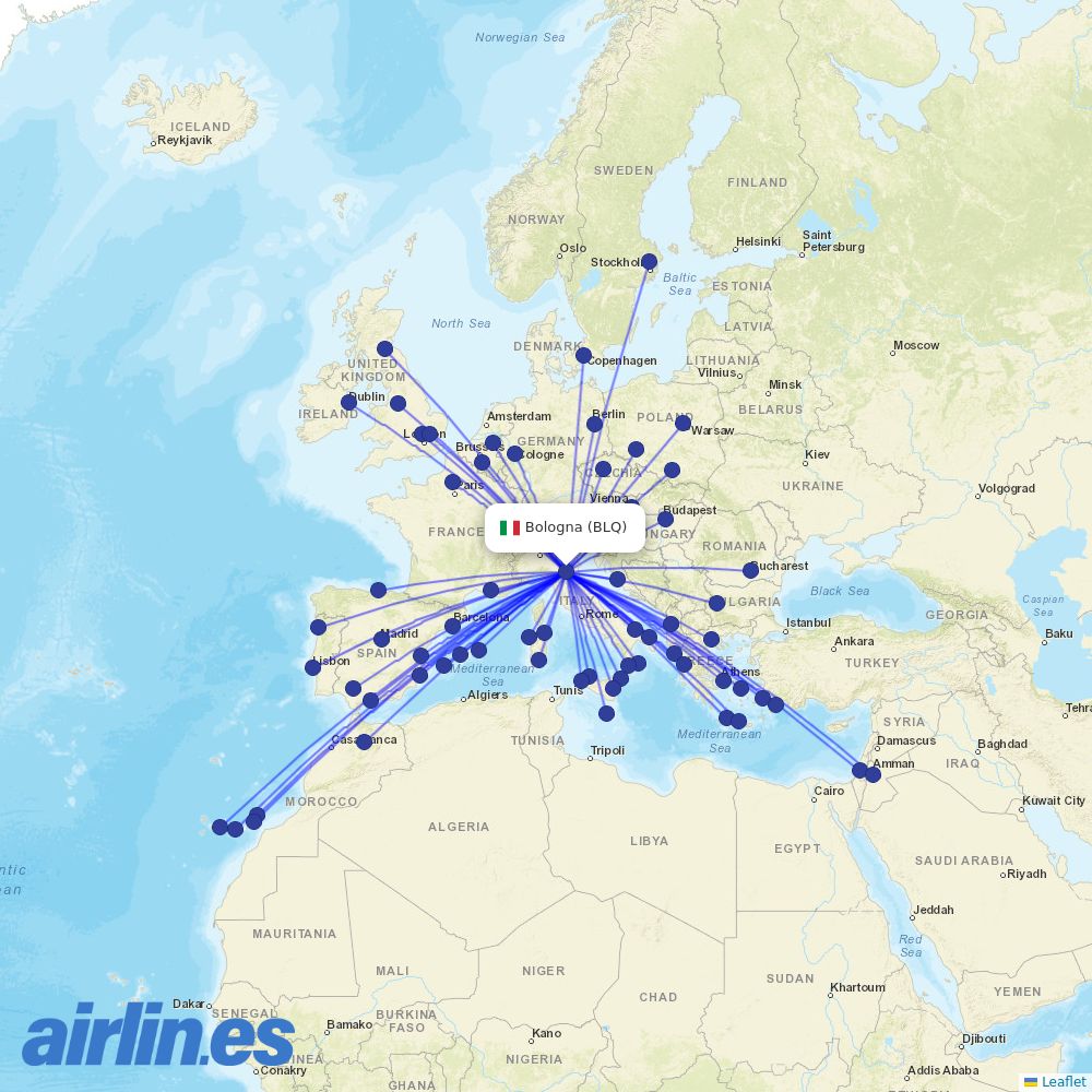 Ryanair from Bologna Guglielmo Marconi Airport destination map