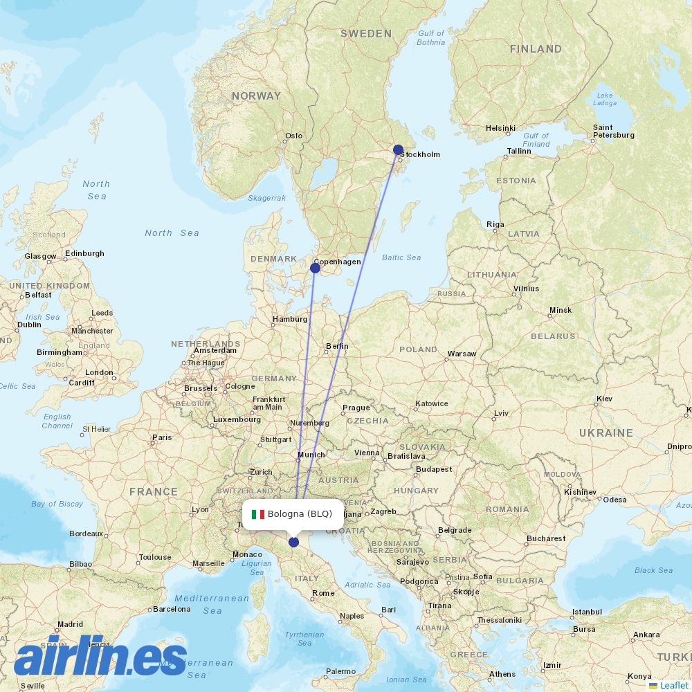 Scandinavian Airlines from Bologna Guglielmo Marconi Airport destination map