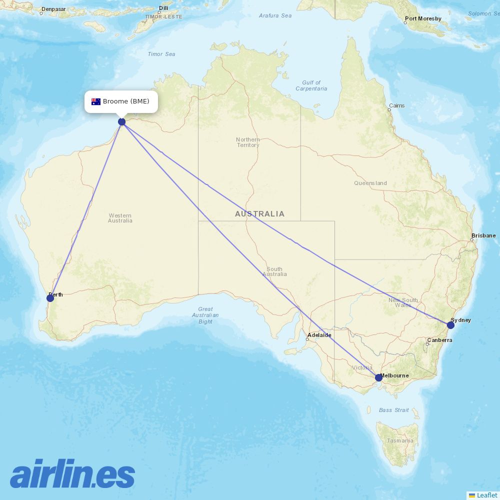 Qantas from Broome destination map