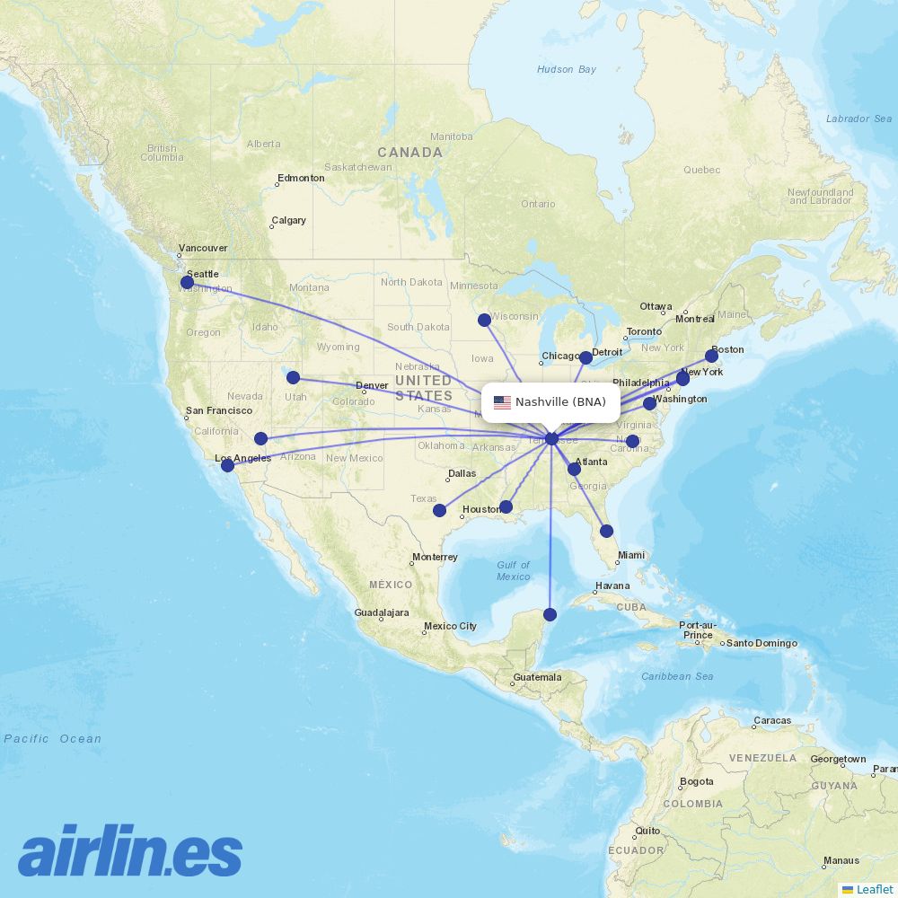 Delta Air Lines from Nashville International destination map