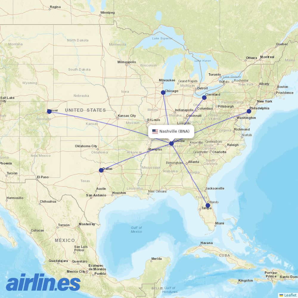 Frontier Airlines from Nashville International destination map