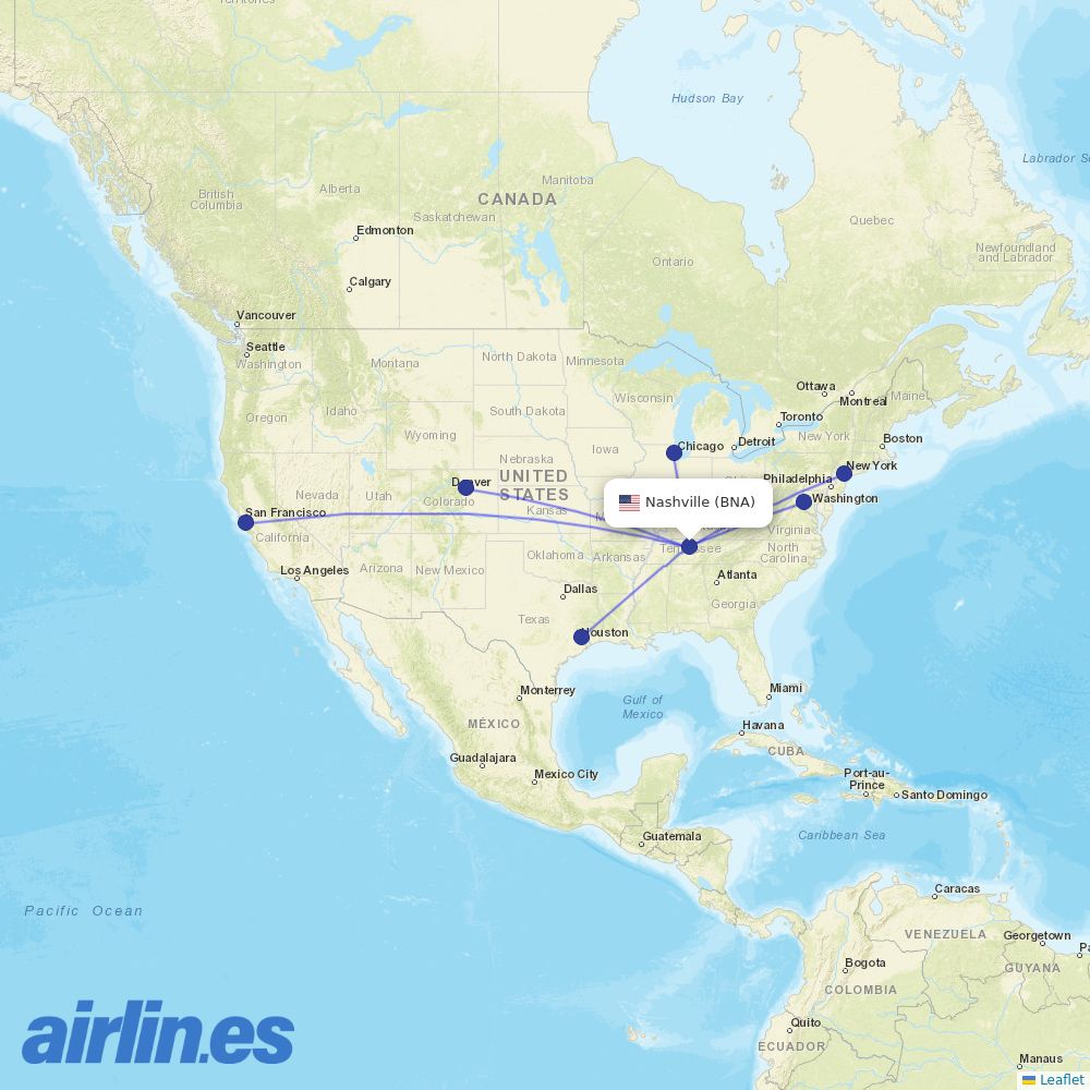 United Airlines from Nashville International destination map