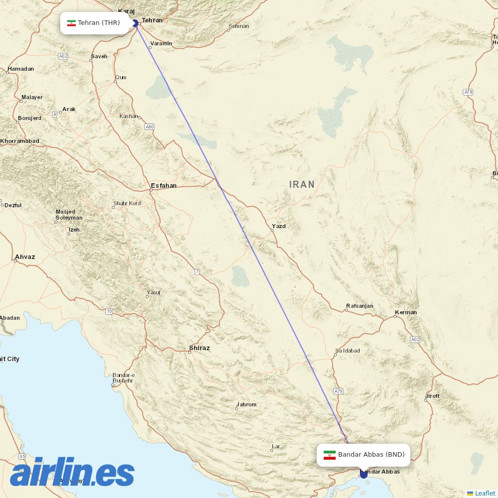 Iran Aseman Airlines from Bandar Abbas destination map