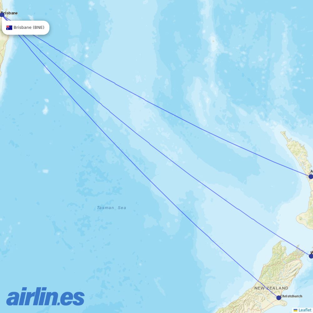 Air New Zealand from Brisbane International destination map
