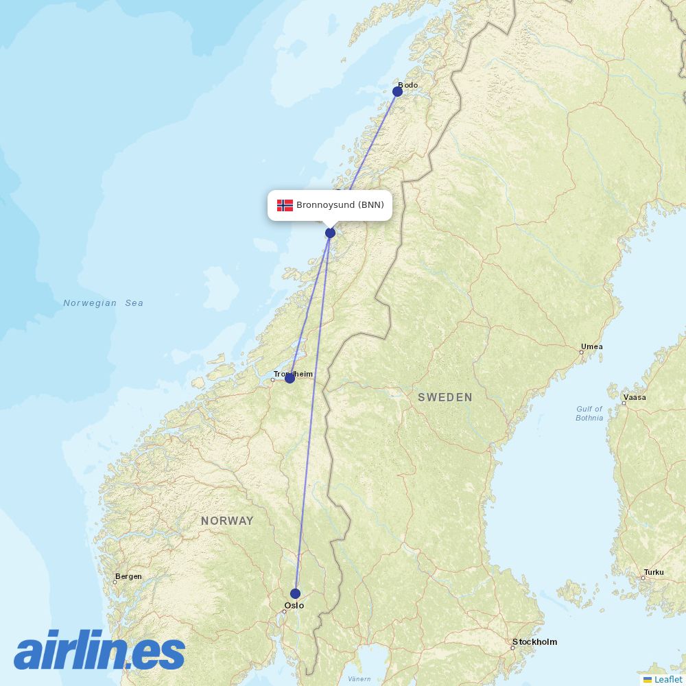 Wideroe from Bronnoy destination map