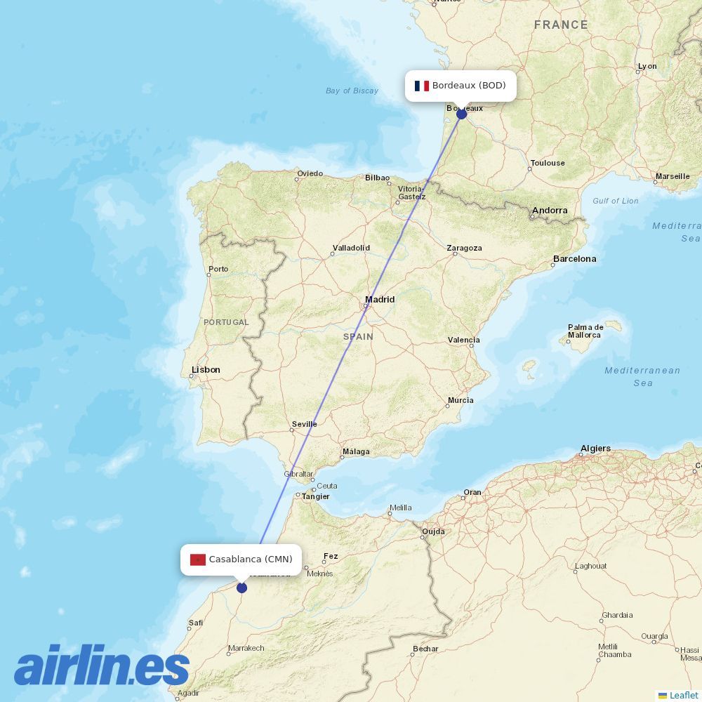 Royal Air Maroc from Bordeaux–Mérignac Airport destination map