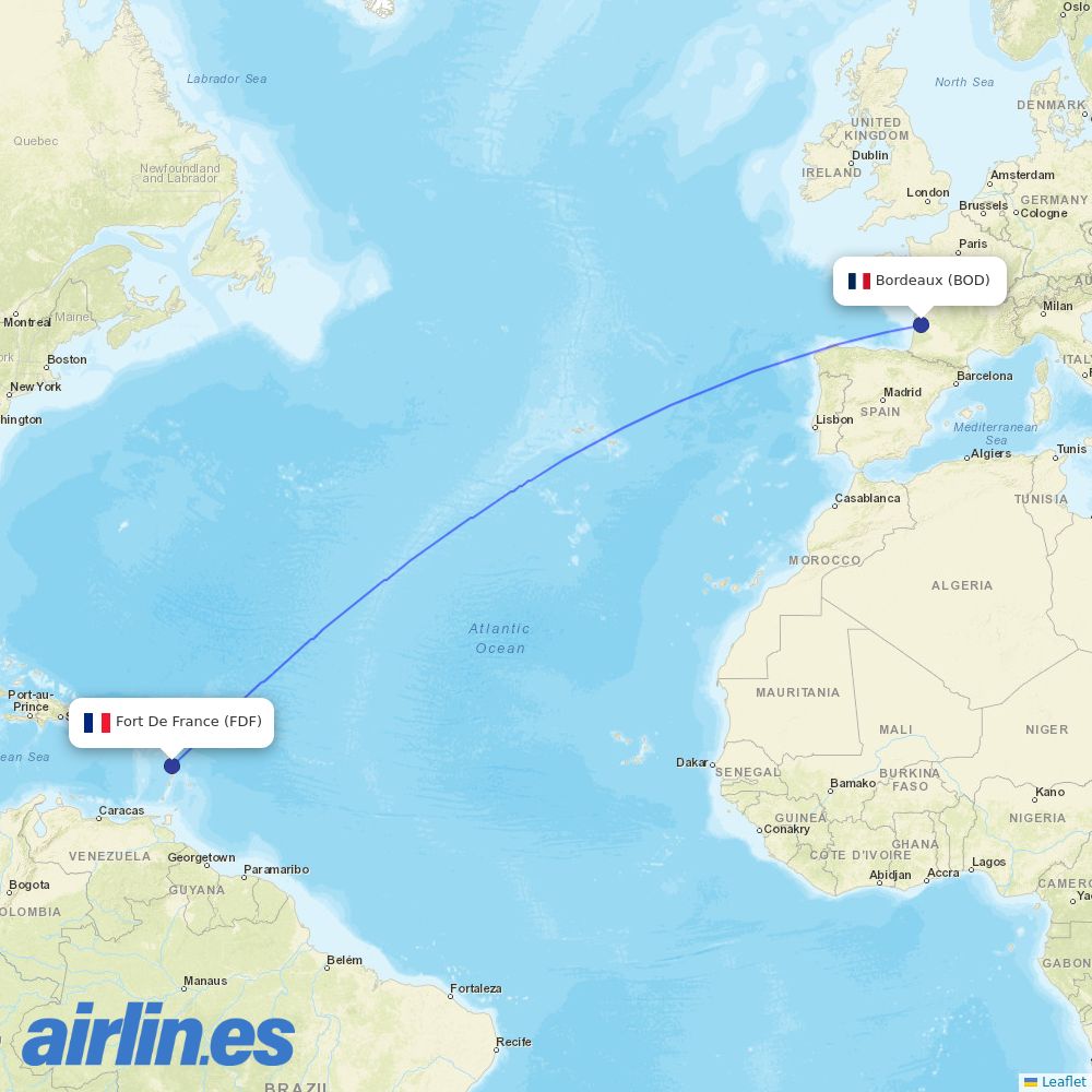Corsair International from Bordeaux–Mérignac Airport destination map