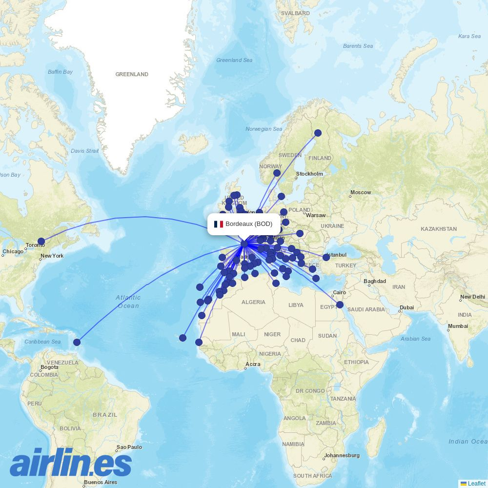 Transavia France from Bordeaux–Mérignac Airport destination map