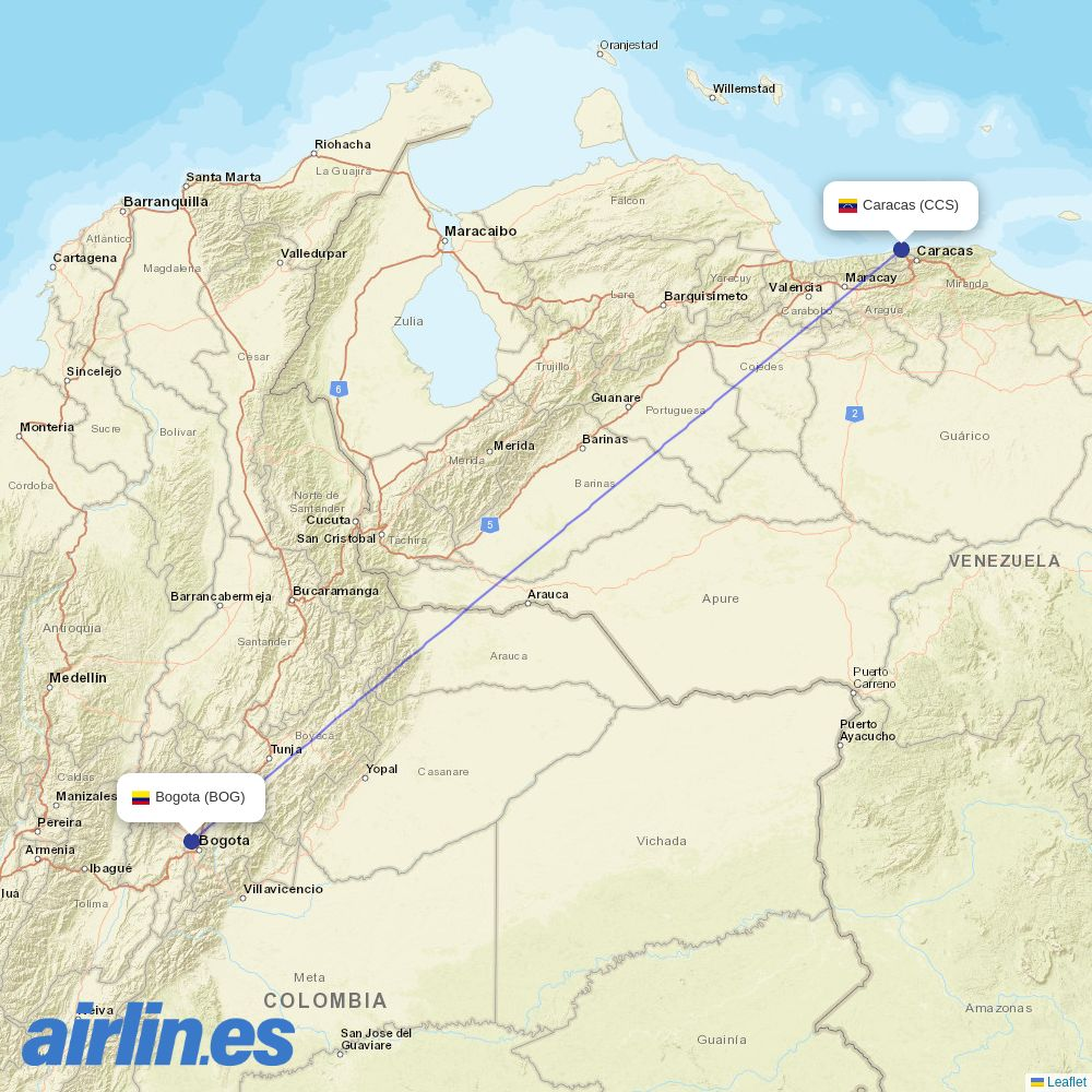 Avior at BOG route map