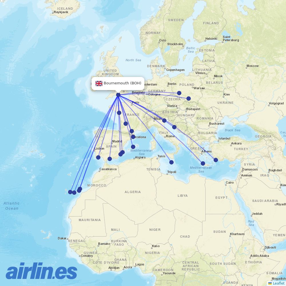 Ryanair from Bournemouth destination map
