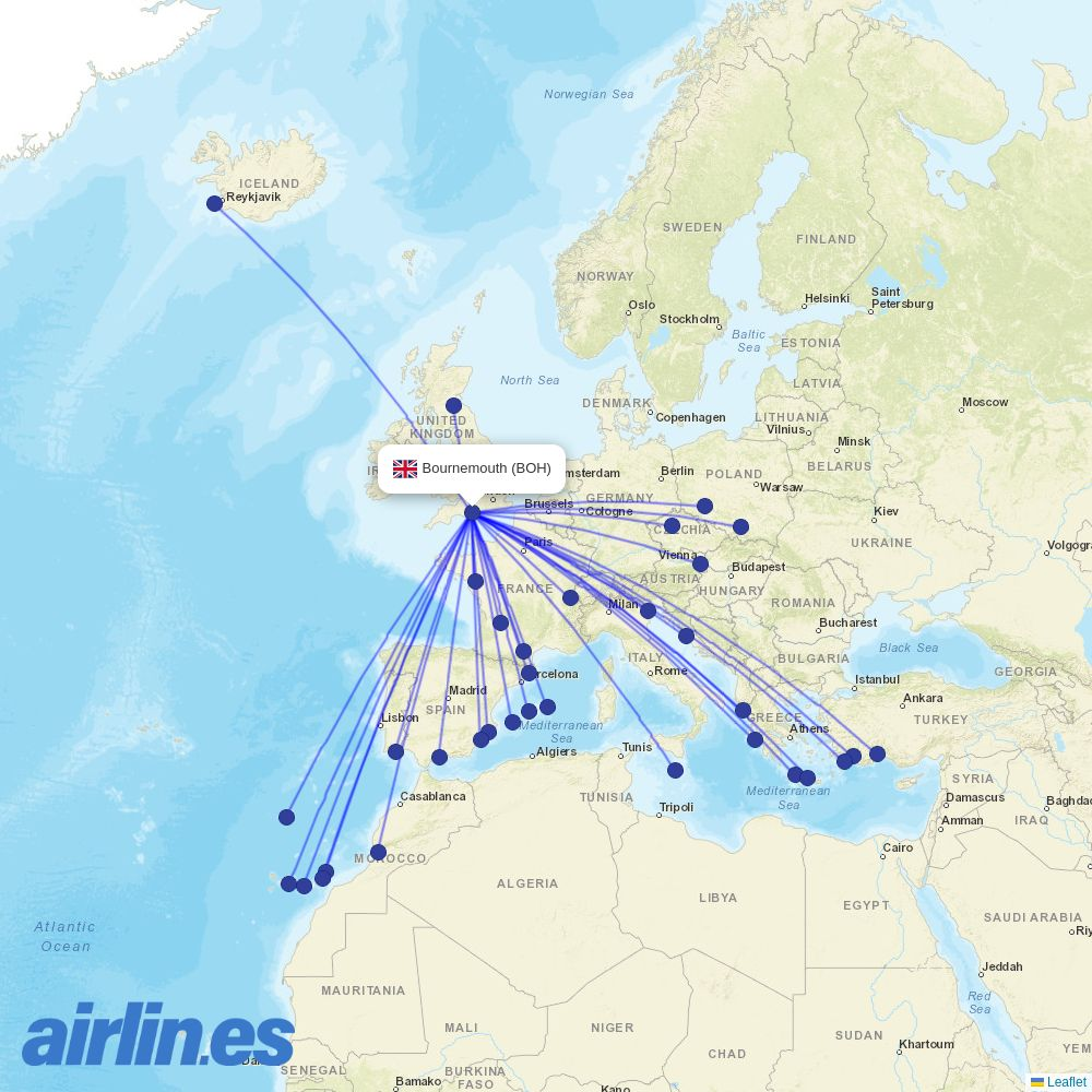 Jet2 from Bournemouth destination map