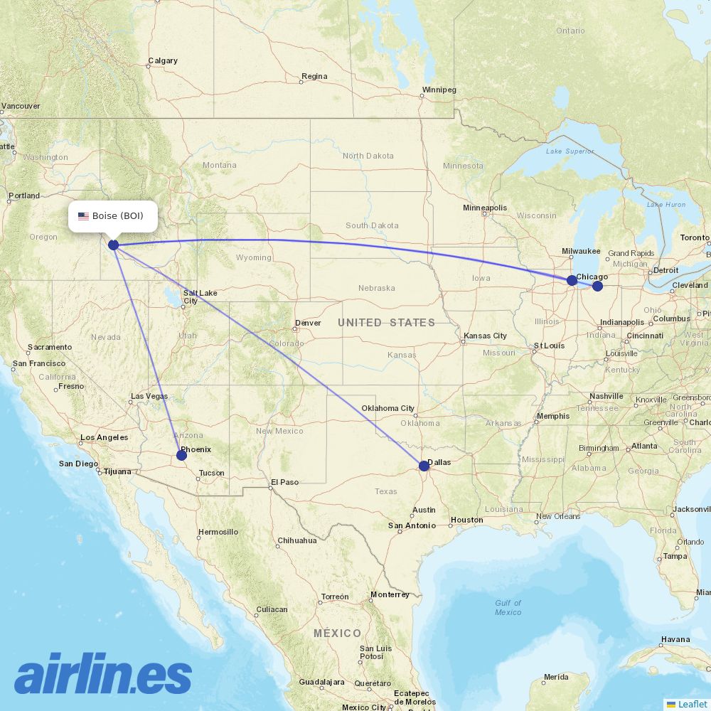American Airlines from Boise Air Terminal destination map