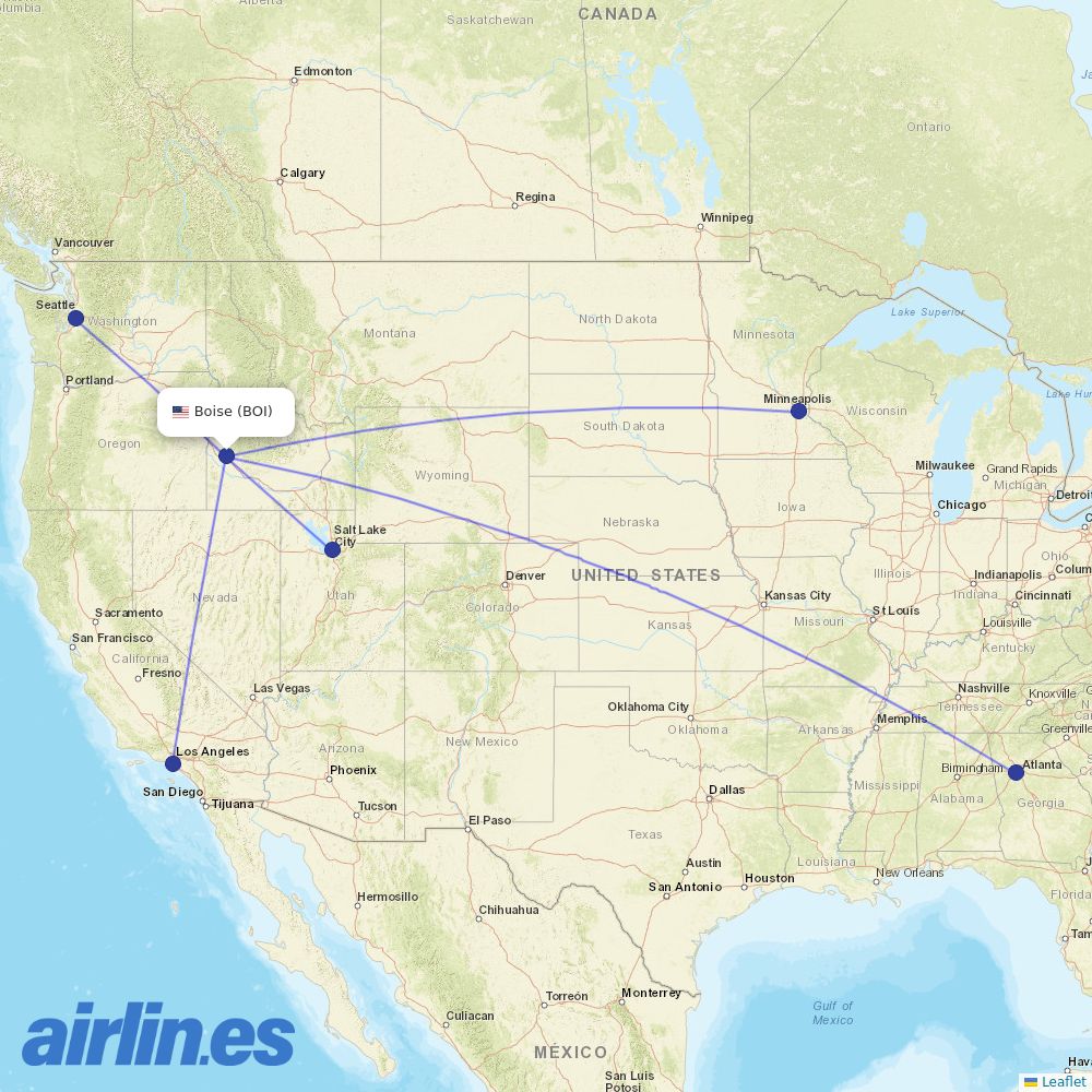 Delta Air Lines from Boise Air Terminal destination map