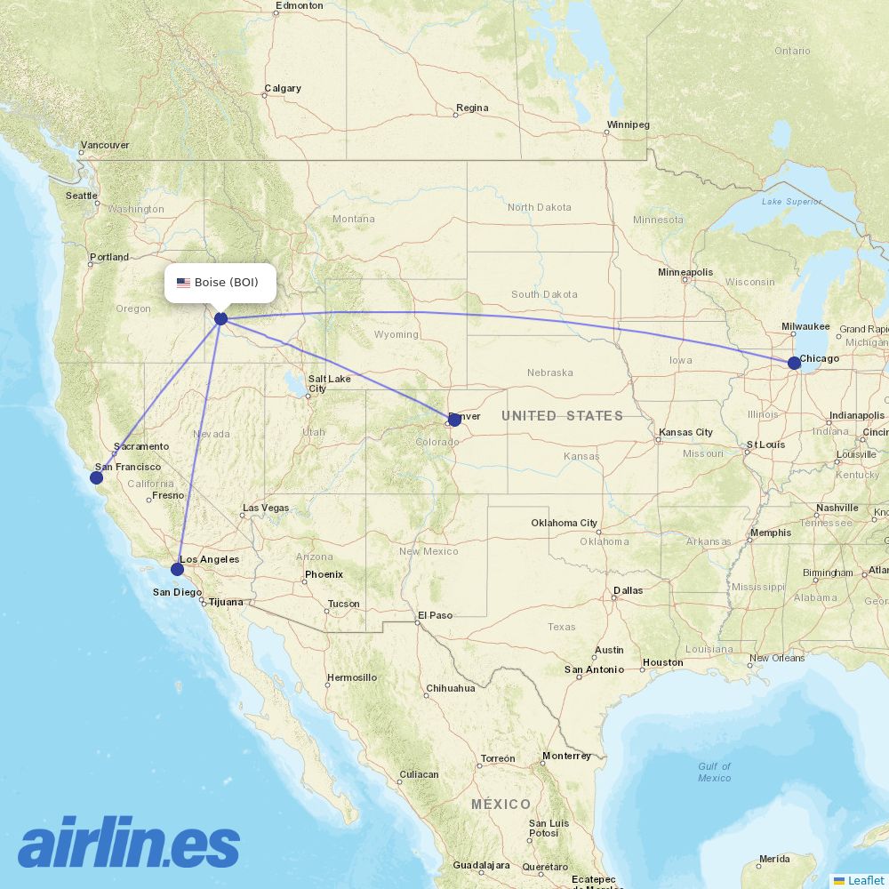 United Airlines from Boise Air Terminal destination map