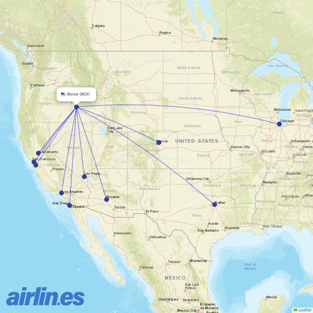 Southwest Airlines from Boise Air Terminal destination map