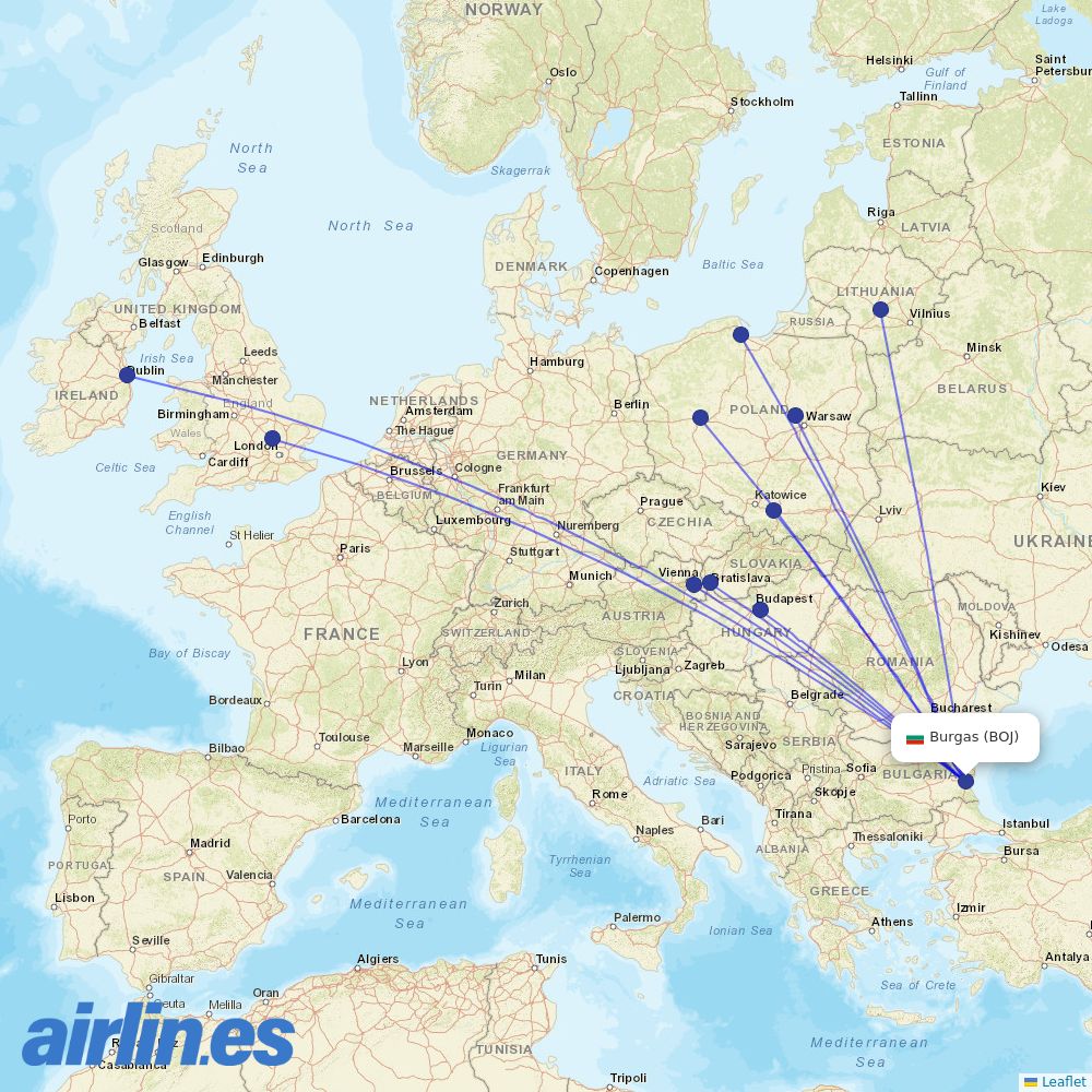 Ryanair from Burgas destination map