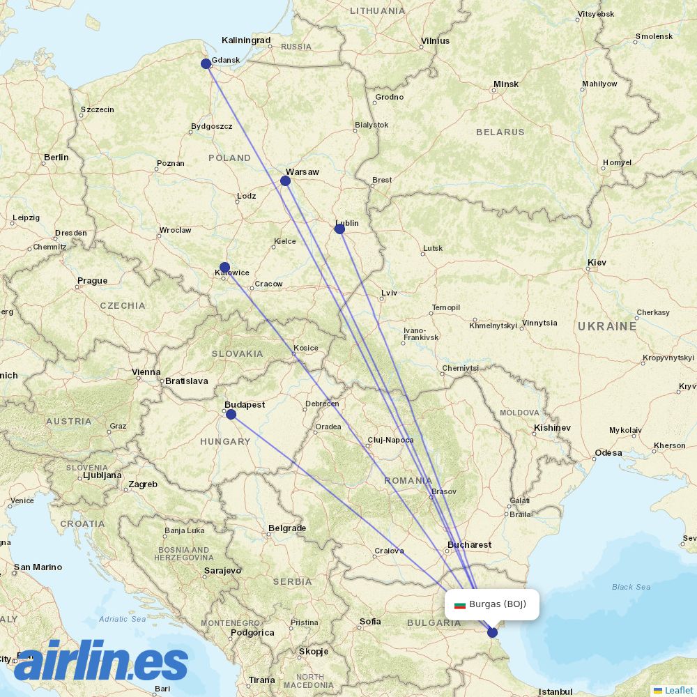 Wizz Air from Burgas destination map