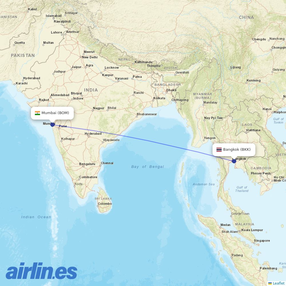 Thai Airways International from Chhatrapati Shivaji Maharaj International Airport destination map