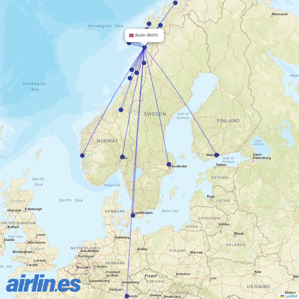 Norwegian Air Shuttle from Bodo destination map