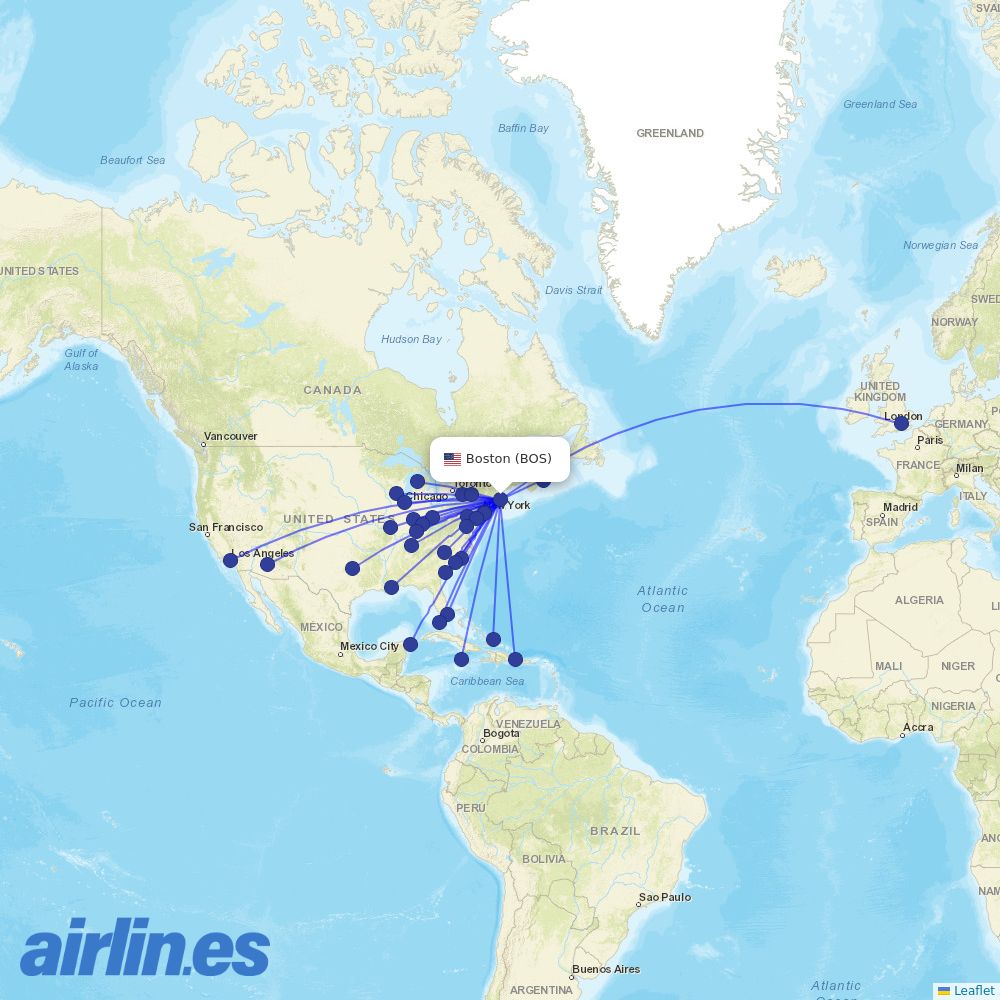 American Airlines at BOS route map