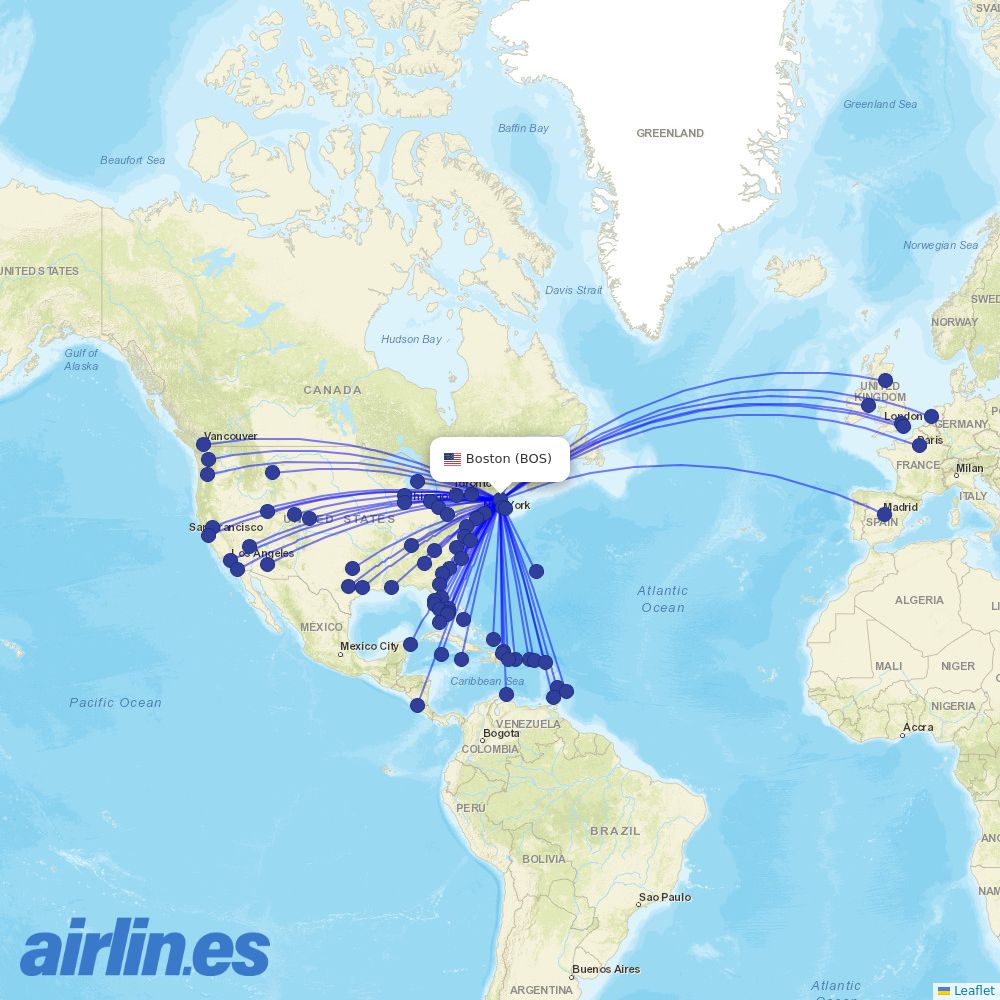 JetBlue Airways from Boston Logan International Airport destination map