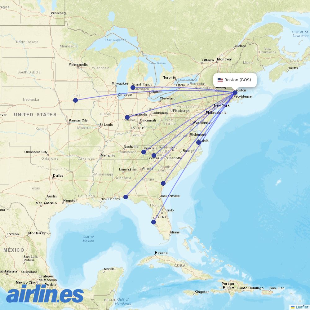 Allegiant Air from Boston Logan International Airport destination map