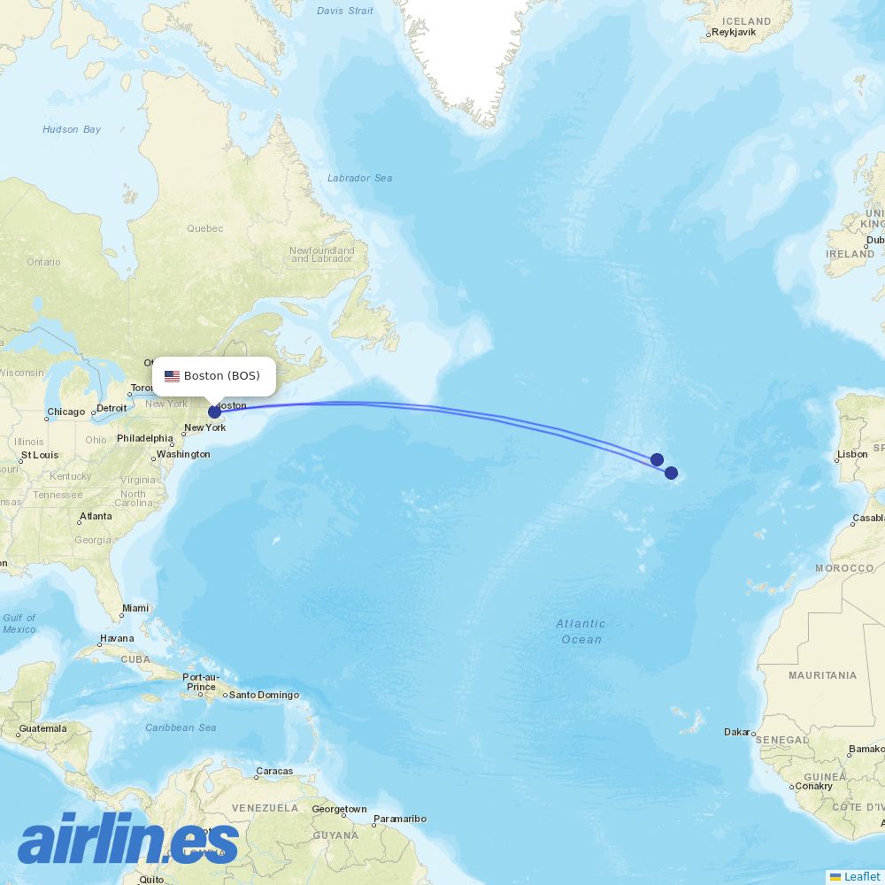Azores Airlines at BOS route map