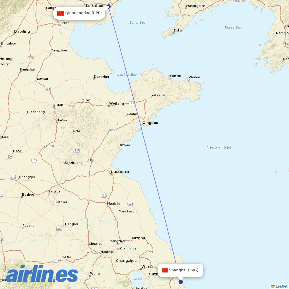 Shanghai Airlines from Qinhuangdao Beidaihe Airport destination map