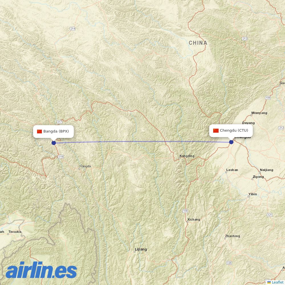 Air China from Bangda destination map