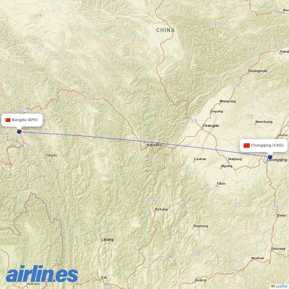 West Air (China) from Bangda destination map