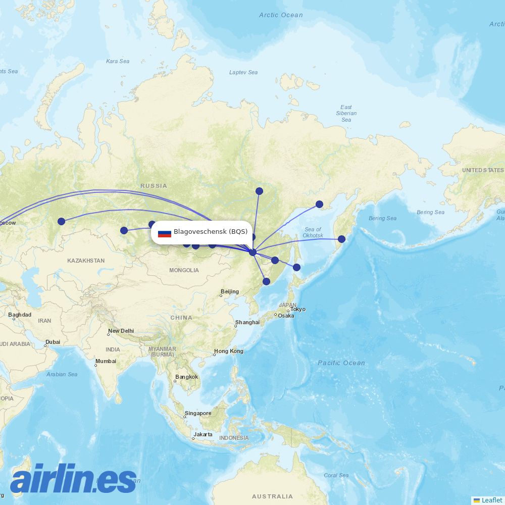 Ural Airlines from Blagoveschensk destination map