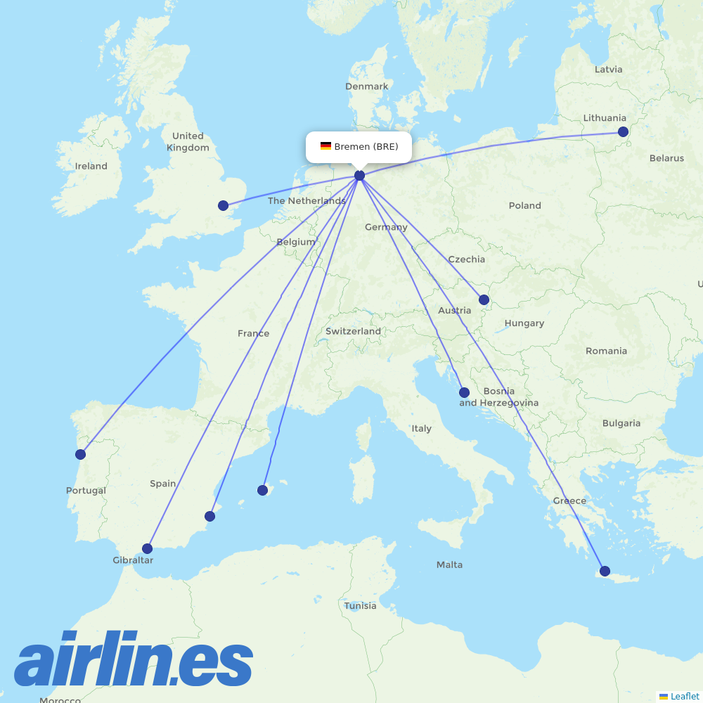 Ryanair from Bremen destination map