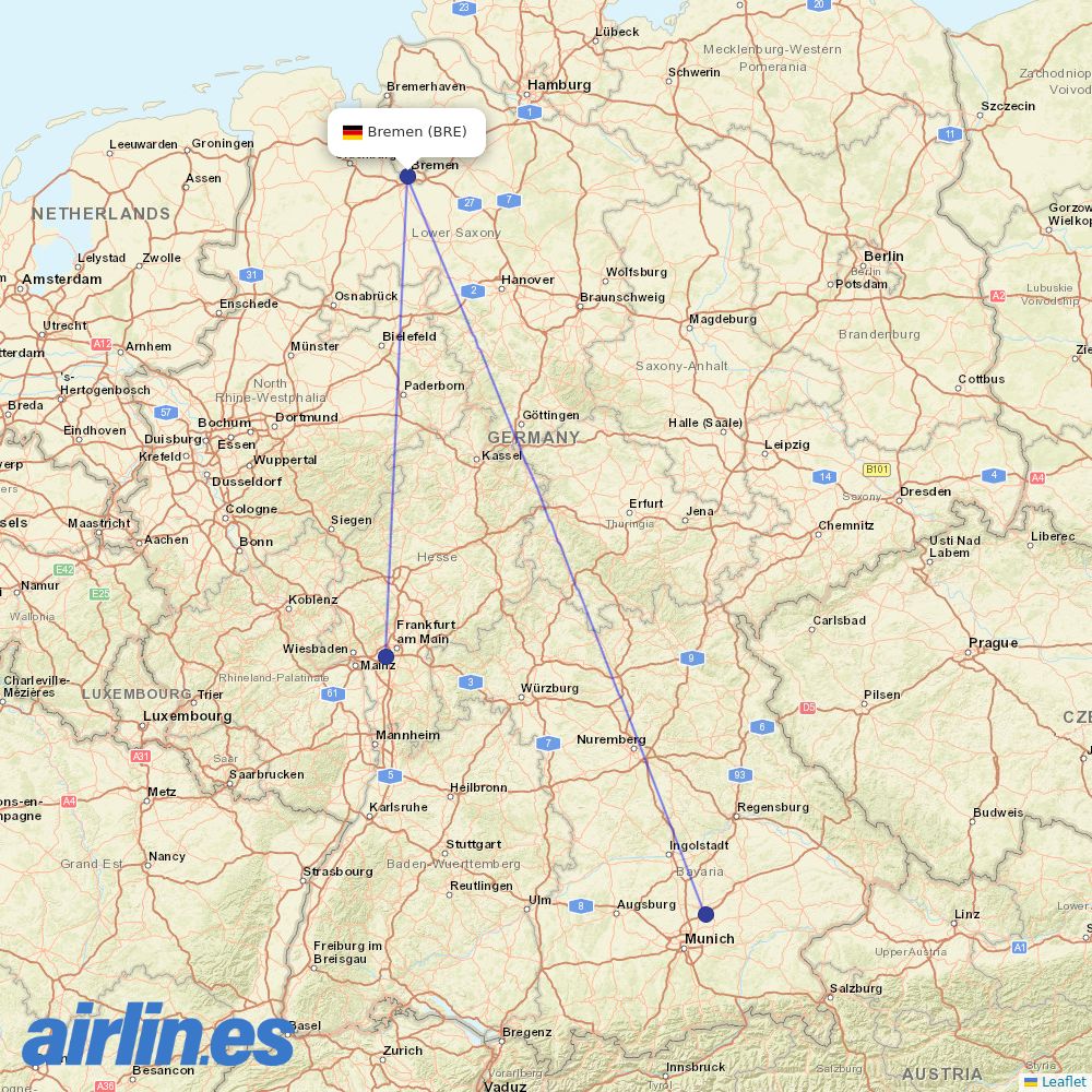 Lufthansa from Bremen destination map