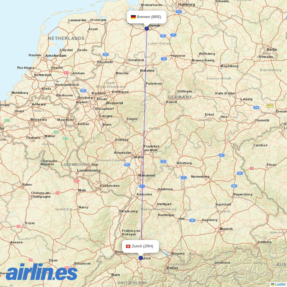 SWISS from Bremen destination map