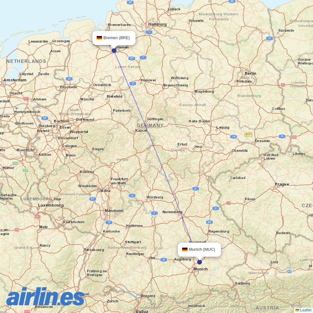 Lufthansa City Airlines from Bremen destination map