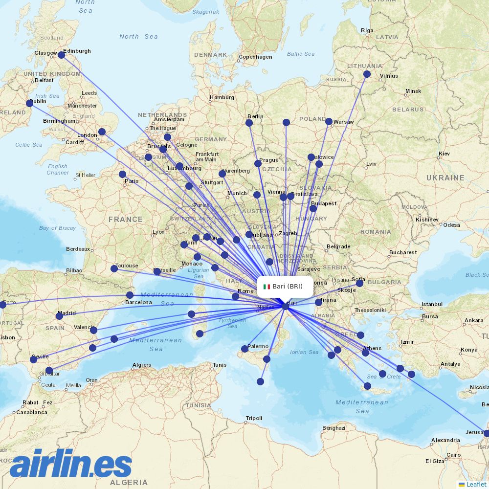 Ryanair from Bari Airport destination map