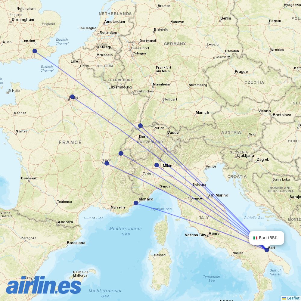 easyJet from Bari Airport destination map