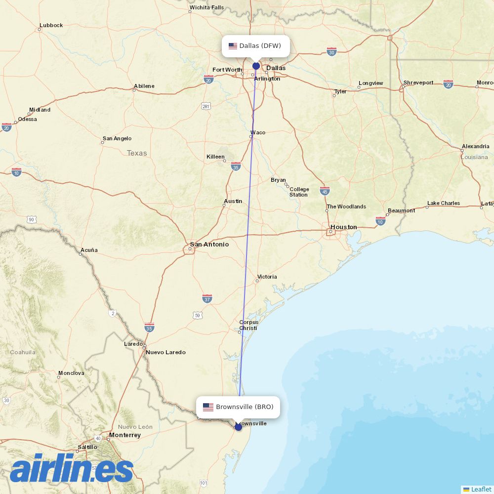 American Airlines from Brownsville South Padre Island International destination map
