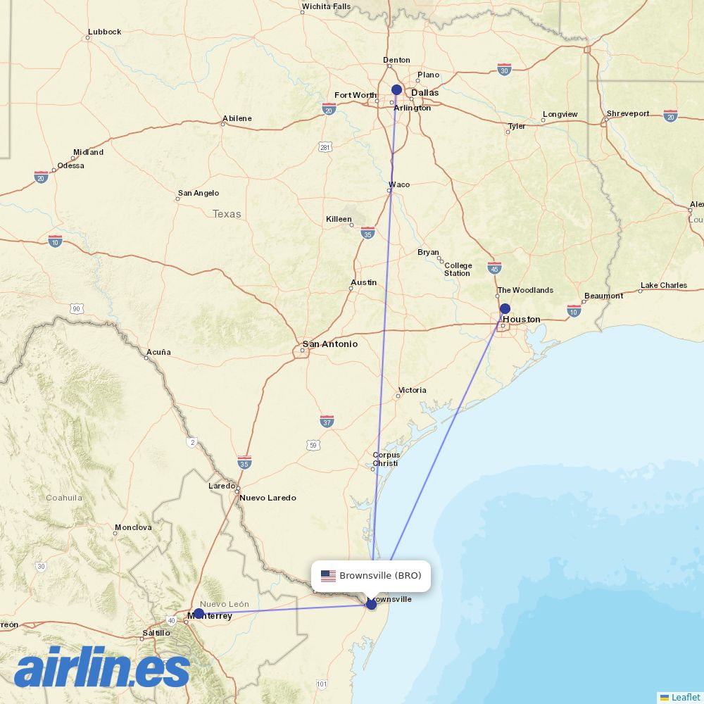 United Airlines from Brownsville South Padre Island International destination map