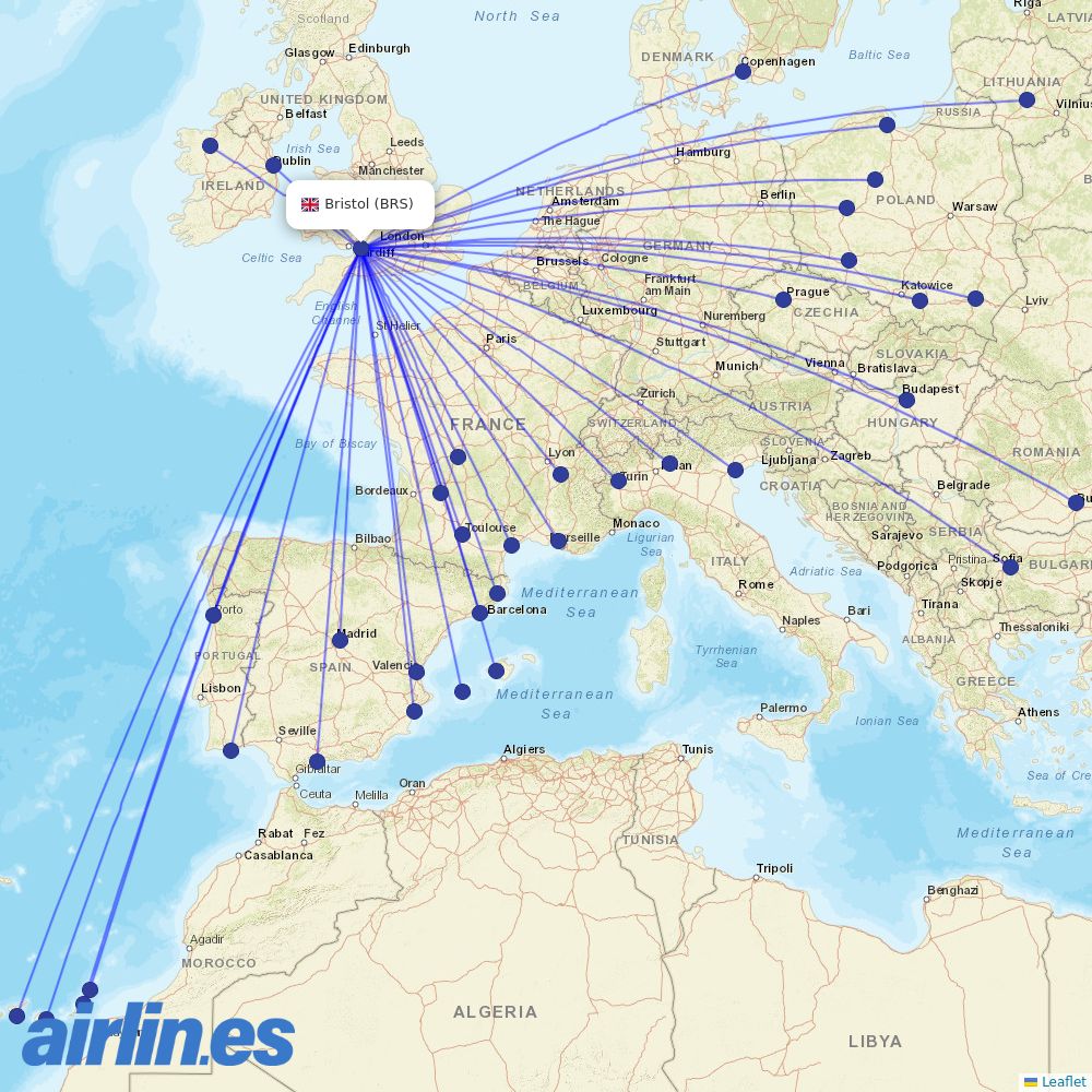 Ryanair from Bristol Airport destination map