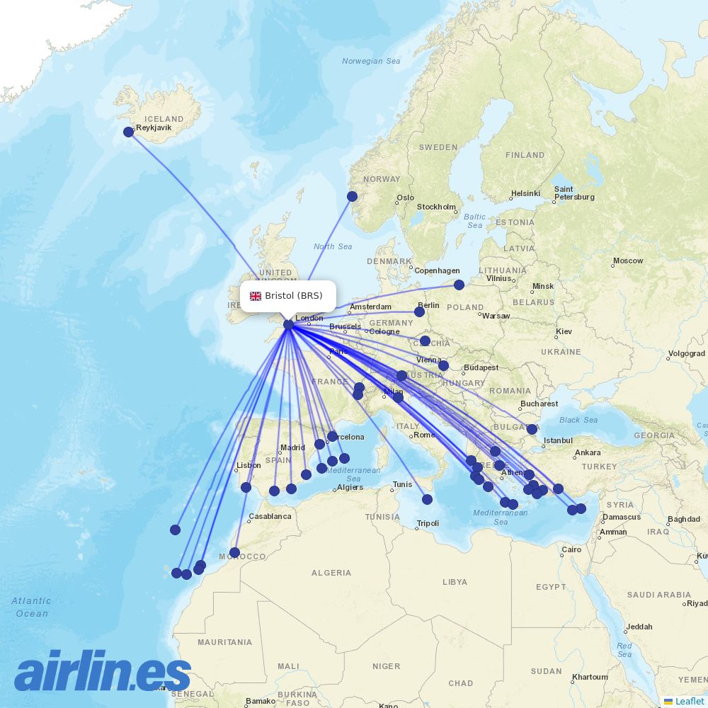 Jet2 from Bristol Airport destination map